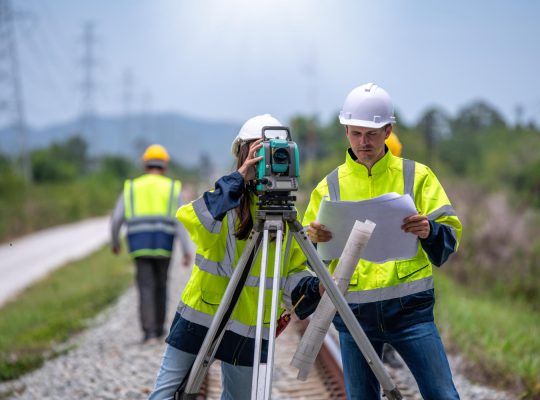 portrait-surveyors-wearing-uniform-conversation-notebook-blueprint-check-inspection-by-theodolite-camera-measurement-level-position-road-construction-site-is-industry-transportation-concept